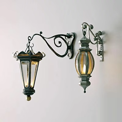 Vintage Wall Lamps With Decorative Iron Curved Brackets And Glass Shades 3d model