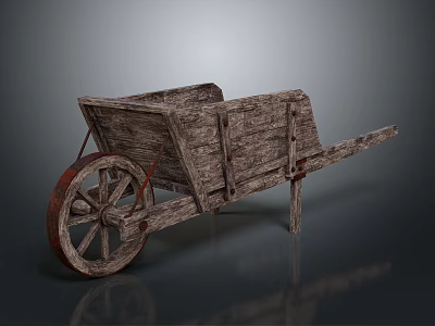 Vintage Old Wooden Wheelbarrow with Large Wheel Worn Wood Grain and Gray Background Reflection 3d model