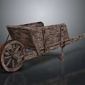 Vintage Old Wooden Wheelbarrow with Large Wheel Worn Wood Grain and Gray Background Reflection