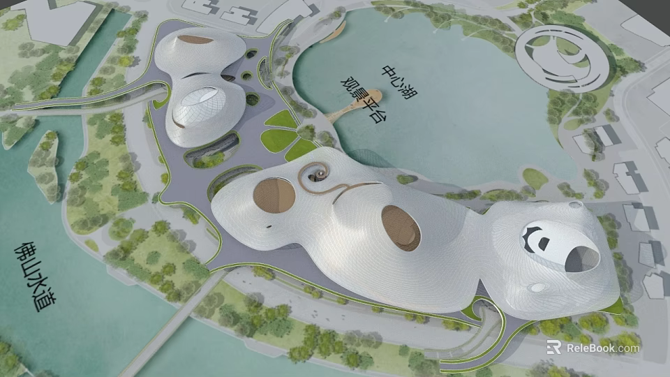 Cultural Center with Modern Architecture Near Center Lake and Scenic Viewing Platform 3d model 