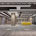 Spacious Modern Exhibition Hall Interior With Gray Marble Floor Yellow Sofas And Glass Partitions