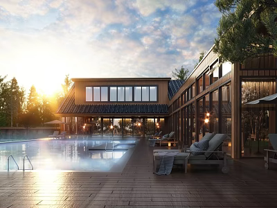 Detached Villa With Wooden Structure Large Windows Swimming Pool And Lounge Chairs At Sunset 3d model