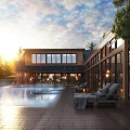 Detached Villa With Wooden Structure Large Windows Swimming Pool And Lounge Chairs At Sunset