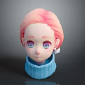 Game Movie Character With Pink Hair Purple Eyes And Blue Turtleneck Sweater