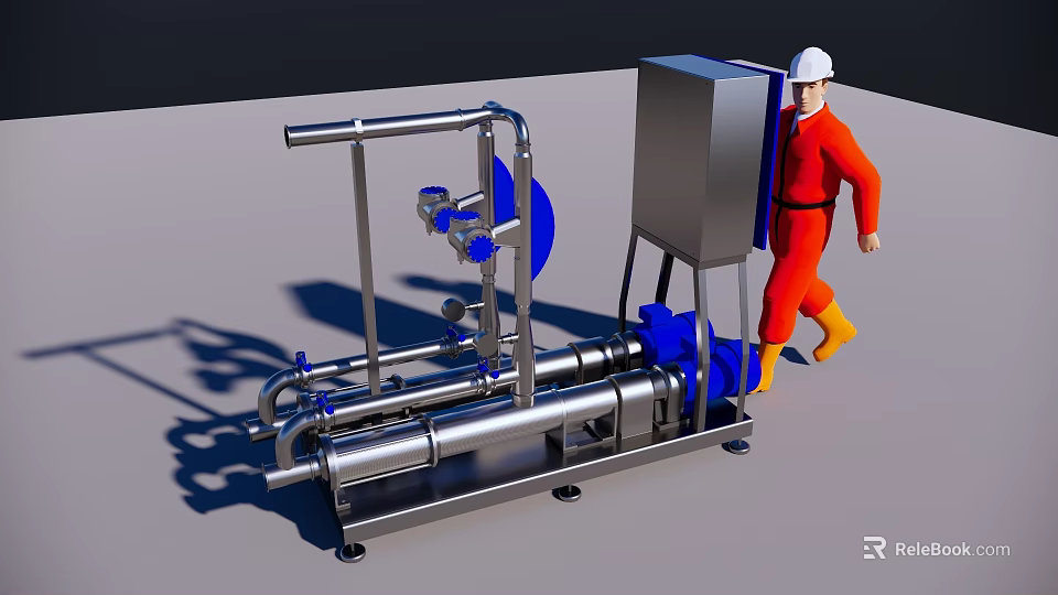 Industrial Equipment With Metal Pipes Pump Control Box And Worker In Safety Uniform 3d model 