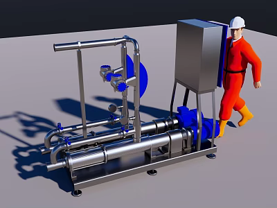 Industrial Equipment With Metal Pipes Pump Control Box And Worker In Safety Uniform 3d model