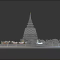 Ancient Architecture White Pagoda Design With Green Trees Small Buildings And Circular Water Platform