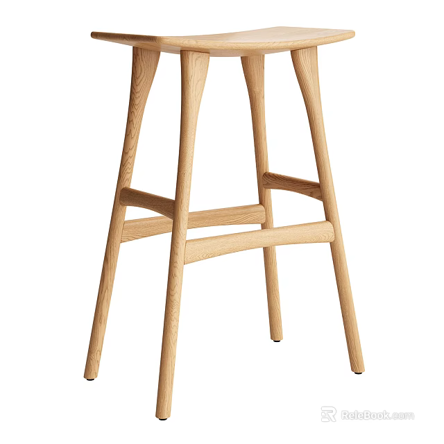 Natural Wooden Bar Stool With Modern Sleek Legs And Crossed Support Design 3d model 