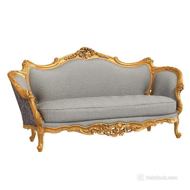 Ornate European Style Sofa With Carved Gold Frame And Gray Checkered Fabric 3d model 