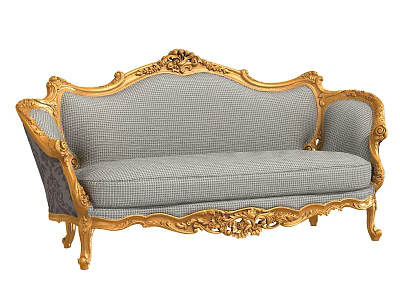 Ornate European Style Sofa With Carved Gold Frame And Gray Checkered Fabric 3d model