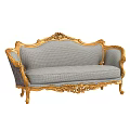 Ornate European Style Sofa With Carved Gold Frame And Gray Checkered Fabric