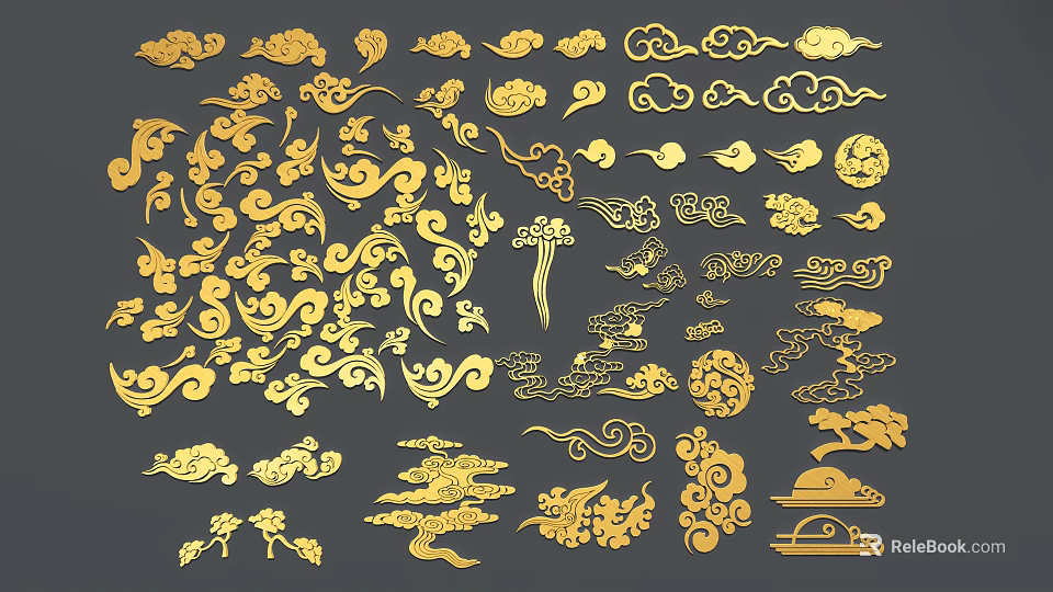 Carved Traditional Chinese Decorative Patterns with Golden Clouds Pine and Ornaments 3d model 