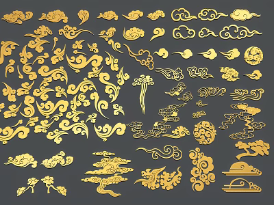 Carved Traditional Chinese Decorative Patterns with Golden Clouds Pine and Ornaments 3d model