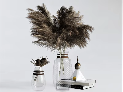 Transparent Glass Vases With Brown Pampas Grass Decorative Ribbons Golden Ornament And Stacked Books 3d model
