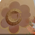 Interactive Area With Orange Arched Background Flower Shaped Decoration Gear Design And Colorful Floral Arrangement