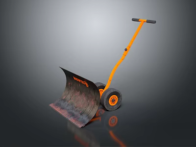 Orange Wheeled Snow Shovel With Black Handle Wheels And Metal Blade 3d model