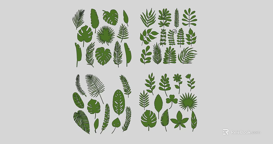 Green Leaf Decorative Ornament Set With Various Tropical Plant Designs For Home Decoration 3d model 