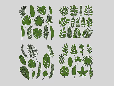 Green Leaf Decorative Ornament Set With Various Tropical Plant Designs For Home Decoration 3d model
