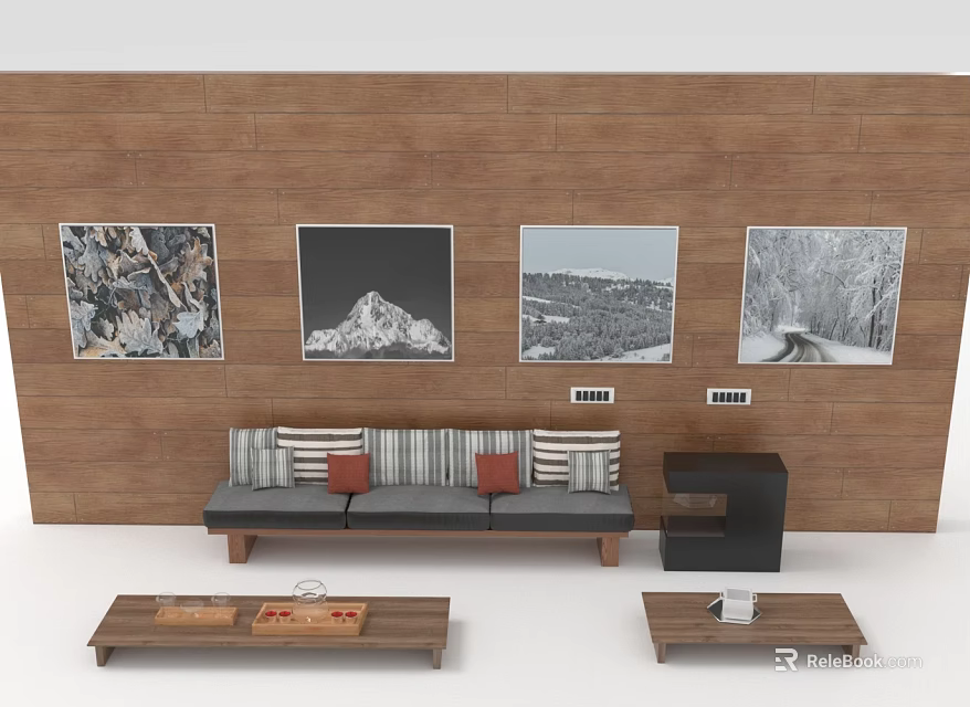 Stylish Sofa Background Wall with Wooden Panels Four Paintings Striped Sofa and Coffee Tables 3d model 