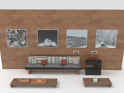 Stylish Sofa Background Wall with Wooden Panels Four Paintings Striped Sofa and Coffee Tables 3d model
