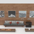Stylish Sofa Background Wall with Wooden Panels Four Paintings Striped Sofa and Coffee Tables