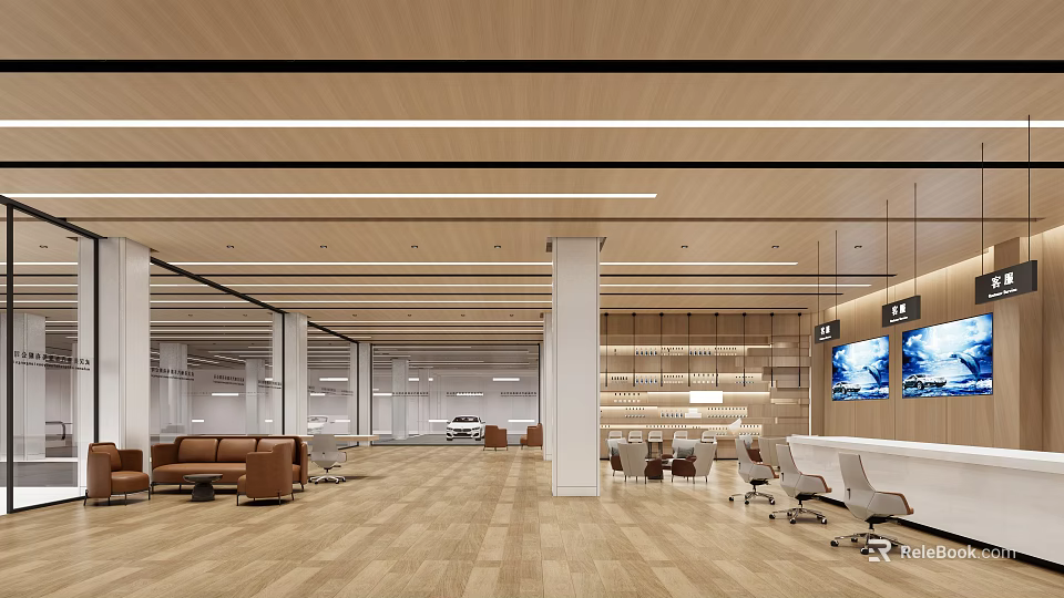 Modern Office Reception Desk in Spacious Open Area with Wooden Ceiling Linear Lights and Sofa 3d model 