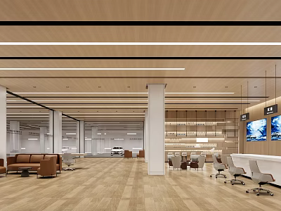 Modern Office Reception Desk in Spacious Open Area with Wooden Ceiling Linear Lights and Sofa 3d model