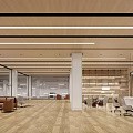 Modern Office Reception Desk in Spacious Open Area with Wooden Ceiling Linear Lights and Sofa