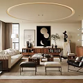Modern Living Room Interior With Sofa Coffee Table Artwork Round Ceiling Light And Area Rug