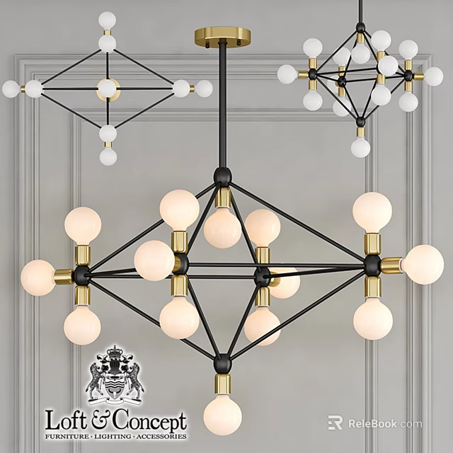 Modern Geometric Chandelier Design With Black Gold Metal Frame And White Spherical Bulbs 3d model 