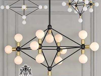 Modern Geometric Chandelier Design With Black Gold Metal Frame And White Spherical Bulbs 3d model