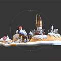 Cartoon Scene With Windmill Ice Cream Shaped Buildings Snowy Ground And Path