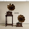 Two Vintage Poliform Gramophones With Wooden Stand And Brass Horn Audio Equipment Design