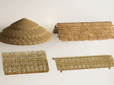Different Thatched Roof Structures With Conical Rectangular Shapes And Natural Material 3d model