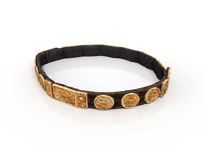 Stylish Black Belt With Golden Circular And Rectangular Decorative Ornaments 3d model