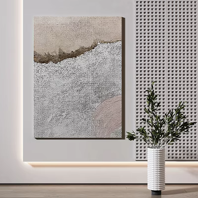 Modern Interior With Abstract Painting Neutral Tones White Vase Green Plant And Perforated Wall 3d model