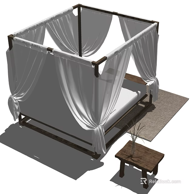 Four Poster Double Bed With White Curtains Dark Wood Frame Small Table Plant And Rug 3d model 