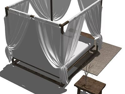 Four Poster Double Bed With White Curtains Dark Wood Frame Small Table Plant And Rug 3d model