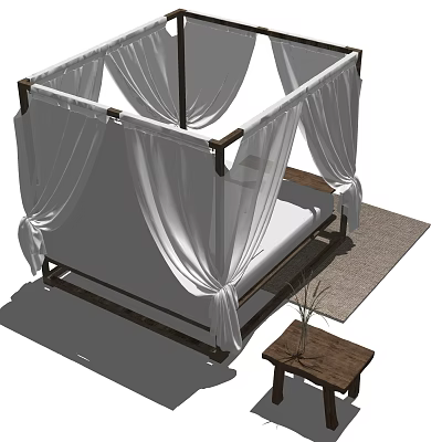 Four Poster Double Bed With White Curtains Dark Wood Frame Small Table Plant And Rug 3d model