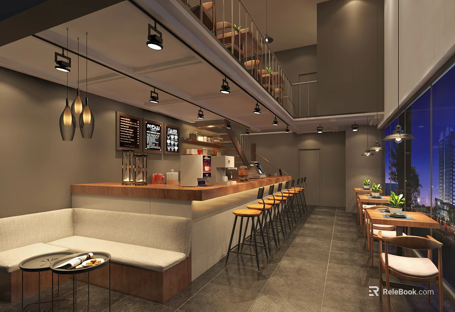 Modern Café Interior With Bar Counter Stools Hanging Lights And Dining Tables 3d model 