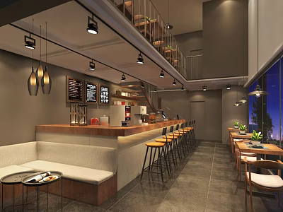 Modern Café Interior With Bar Counter Stools Hanging Lights And Dining Tables 3d model