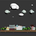 Cartoon City Scene With Streets Buildings Park Areas Green Trees And Floating Clouds