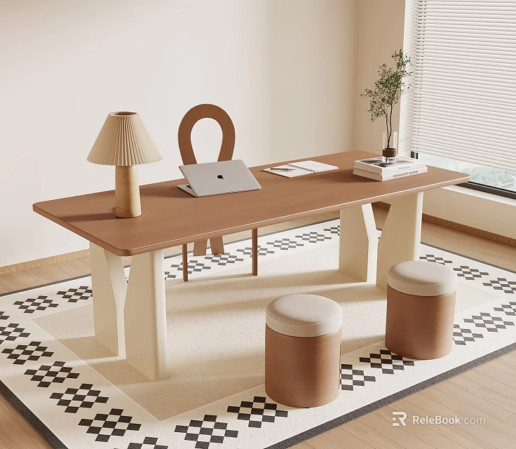 Modern Wooden Desk With Laptop Table Lamp Books Chair Stools And Patterned Rug 3d model 