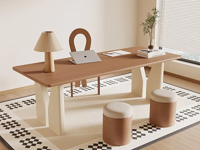 Modern Wooden Desk With Laptop Table Lamp Books Chair Stools And Patterned Rug 3d model