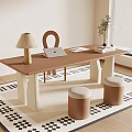Modern Wooden Desk With Laptop Table Lamp Books Chair Stools And Patterned Rug