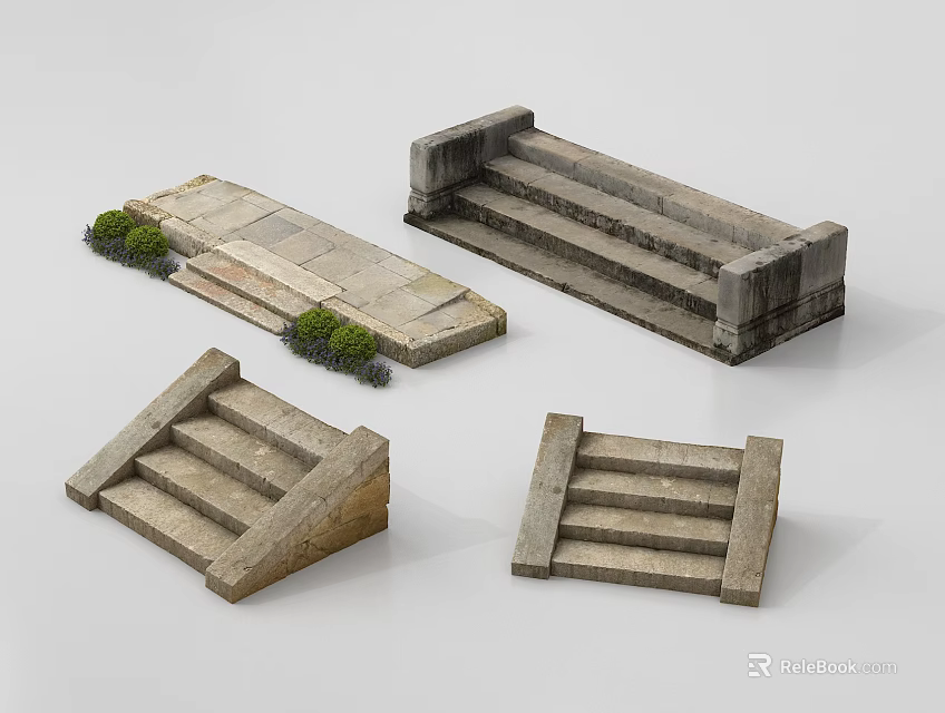 Stone Steps and Platform Structures in Various Designs with Small Green Plants Decoration 3d model 