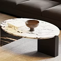 Oval Marble Coffee Table With Black Legs Brown Bowl And White Book In Living Room