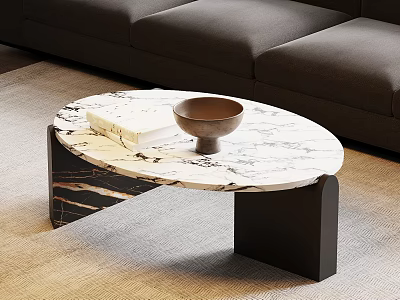 Oval Marble Coffee Table With Black Legs Brown Bowl And White Book In Living Room 3d model