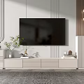 Modern White TV Stand With Drawers Decorative Plants Minimalist Background Wall And Hanging Pendant Lights
