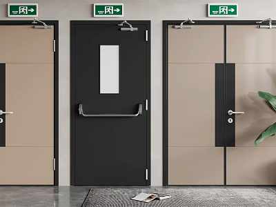 Modern Safety Exit Doors Interior With Green Signs Black Beige Design And Potted Plant 3d model